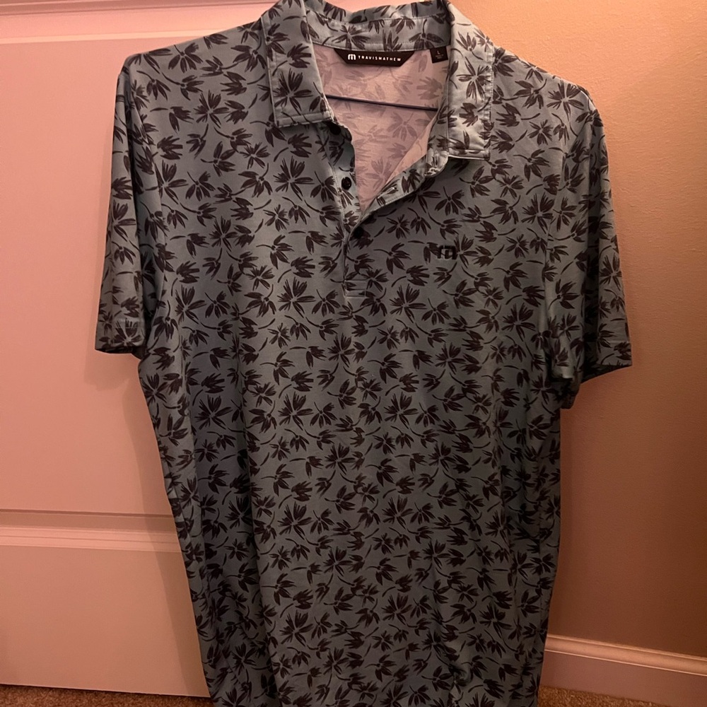 Travis Mathew Blue and Black Leaf Print Polo Shirt